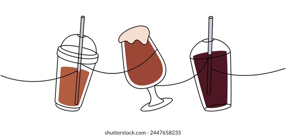 Takeaway coffee cups one line colored continuous drawing. Hand drawn elements for cafe menu, coffee shop. Vector linear illustration.