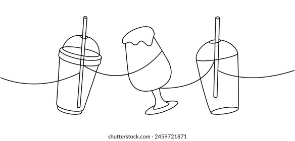 Takeaway coffee cups one line continuous drawing. Hand drawn elements for cafe menu, coffee shop. Vector linear illustration.