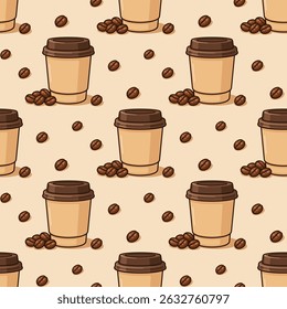 Takeaway coffee cups and roasted beans on beige background. Vector seamless pattern.