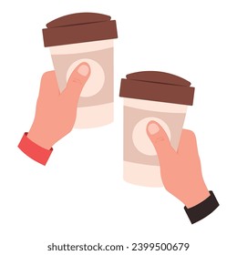 Takeaway coffee cups in women hands. Females holding take-away disposable coffe mugs with plastic lids. Hot cappuccino to go. Flat vector illustration isolated on white background