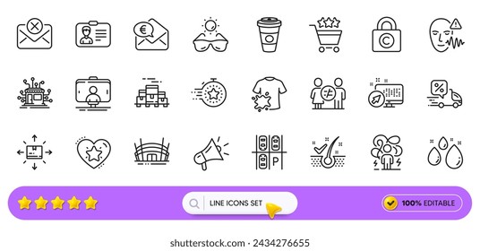 Iconos de línea de palets para llevar, camiseta sucia y cajas para aplicaciones web. Paquete de Estrella de Ranking, dinero en euros, Iconos de pictogramas de gota de agua. Plaza de aparcamiento, Caja de cartón, Señales de ondas de voz. Barra de búsqueda. Vector