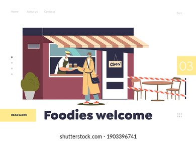 Takeaway coffee during covid-19 quarantine concept of landing page with woman in mask order coffee to go in takeout coffeeshop. Cartoon flat vector illustration