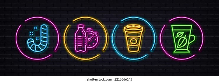 Takeaway coffee, Fitness water and Candy minimal line icons. Neon laser 3d lights. Mint leaves icons. For web, application, printing. Hot latte drink, Drink bottle, Lollypop. Mentha leaf. Vector