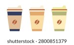 Takeaway coffee flat color icon, paper cup with lid isolated on white. Disposable cup for hot drink to go with coffee bean label of beige, blue and green colors. Vector clipart, minimalist graphic.