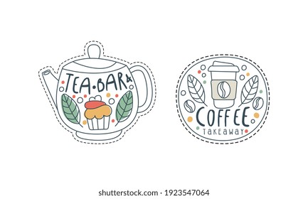 Takeaway Coffee Hand Drawn Labels Set, Tea Bar, Coffeehouse, Cafe, Restaurant Design Templates Outline Vector Illustration