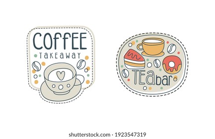 Takeaway Coffee Hand Drawn Labels Set, Tea Bar Badges Outline Vector Illustration