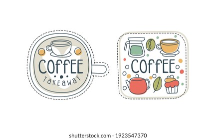 Takeaway Coffee Hand Drawn Labels Set, Tea Bar, Coffeehouse, Cafe Design Templates Outline Vector Illustration