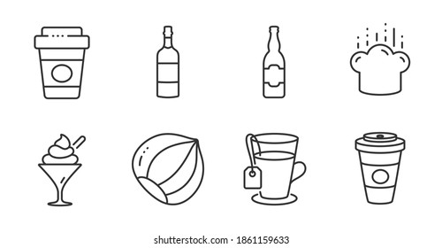 Takeaway coffee, Ice cream and Cooking hat line icons set. Brandy bottle, Hazelnut and Tea signs. Beer bottle, Takeaway coffee symbols. Hot latte drink, Sundae in glass, Chef. Vector