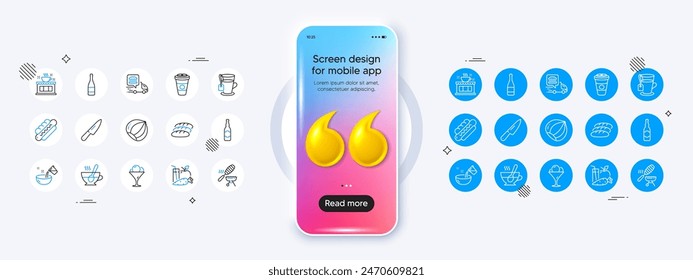 Takeaway coffee, Knife and Coffee shop line icons. Phone mockup with 3d quotation icon. Pack of Hazelnut, Food delivery, Tea icon. Cooking water, Hotdog, Juice pictogram. Vector