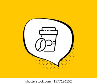 Takeaway coffee line icon. Comic speech bubble. Hot latte sign. Tea drink mug symbol. Yellow background with chat bubble. Takeaway coffee icon. Colorful banner. Vector