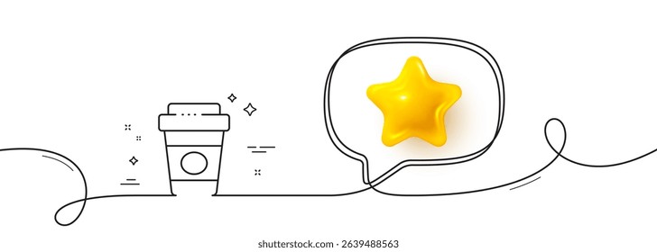 Takeaway coffee line icon. Continuous line with 3d star. Hot latte cup sign. Tea drink mug symbol. 3d star in speech bubble. Takeaway coffee single line ribbon. Loop curve pattern. Vector