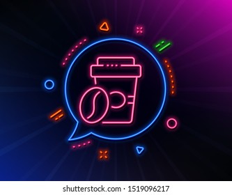 Takeaway coffee line icon. Neon laser lights. Hot latte sign. Tea drink mug symbol. Glow laser speech bubble. Neon lights chat bubble. Banner badge with takeaway coffee icon. Vector