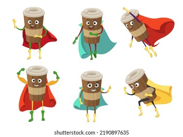 Takeaway coffee mascot in superhero cloak vector set. Happy cute beverage emoticon collection. illustration Cartoon funny drink character isolated vector set on white background