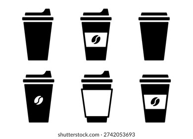 Takeaway coffee minimal icon, black silhouette isolated on white. Disposable cup for hot drink to go with lid and coffee bean label. Vector clipart for minimalist design or logo.