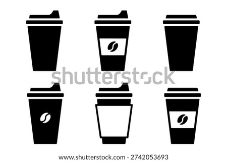 Takeaway coffee minimal icon, black silhouette isolated on white. Disposable cup for hot drink to go with lid and coffee bean label. Vector clipart for minimalist design or logo.