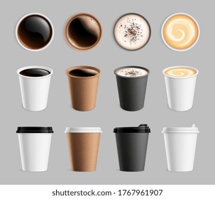 Takeaway coffee mockup. Plastic paper cup for liquid and drink to go. Espresso latte cappuccino mug, breakfast beverages vector illustration