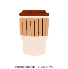 Takeaway coffee mug. Takeout paper cup with cuff, covered with lid, cap. Take-away morning beverage, hot drink. Cappuccino, americano to go. Flat vector illustration isolated on white background