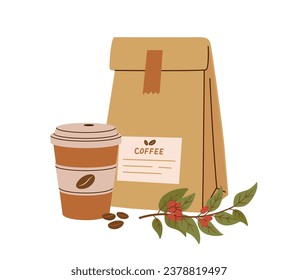 Takeaway Coffee paper cup and bean packaging vector illustration. Cappuccino, espresso, americano. Minimalistic flat style