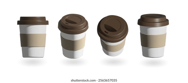 Takeaway coffee paper cups set, mug mockups with lid and cartoon sleeve. Cardboard and plastic hoy drink package . Realistic isolated vector elements front side view.