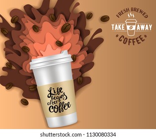 Takeaway coffee paper cut poster banner design template. Vector illustration of disposable coffee cup with coffee splashes and coffee beans.