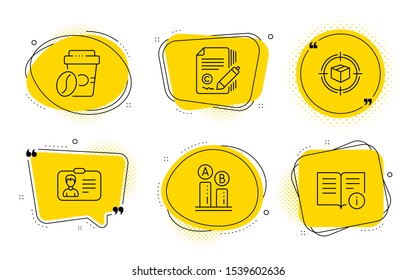 Takeaway coffee, Parcel tracking and Technical info signs. Chat bubbles. Identification card, Ab testing and Copywriting line icons set. Person document, Test chart, Ð¡opyright signature. Vector