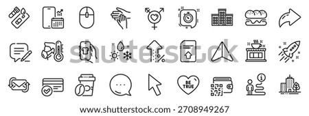 Takeaway coffee, Refresh mail and Be true line icons pack. Share, Message, Paper plane icons. Timer, Write, Qr code web icon. Weather, Genders, Startup rocket pictogram. Vector