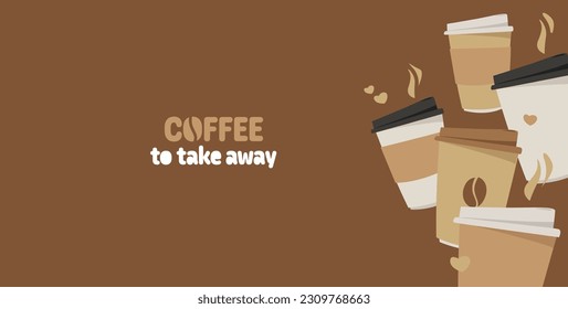 Cese café. Conjunto de tazas de cartón con bebidas de café caliente. El concepto de café. Bandera de vectores