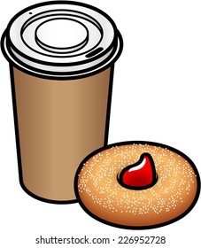 A takeaway coffee and a  sugar-dusted jam doughnut.