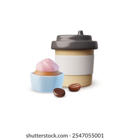 Takeaway Coffee or tea, Coffee to go with cupcake and coffee beans 3D cartoon plastic style vector icon. Realistic paper takeaway cup with lid for hot beverage and sweet bakery