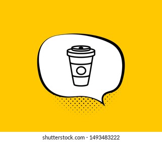 Takeaway Coffee or Tea line icon. Comic speech bubble. Hot drink sign. Beverage symbol. Yellow background with chat bubble. Takeaway Coffee icon. Colorful banner. Vector