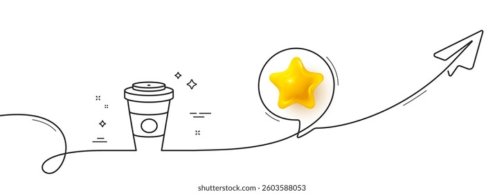 Takeaway Coffee or Tea line icon. Continuous line with share plane. Hot drink sign. Beverage symbol. 3d star in speech bubble. Takeaway Coffee single line ribbon. Loop curve pattern. Vector