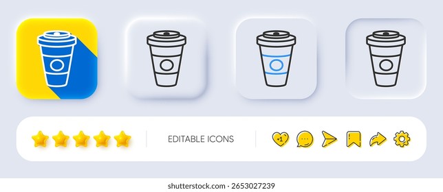 Ícone da linha Takeaway Coffee or Tea. Neumórfico, sombra plana, botões 3d. Sinal de bebida quente. Símbolo de bebida. Linha Takeaway Ícone do café. Ícones de mídia social. Vetor