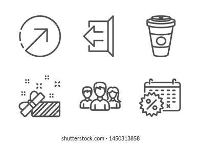 Takeaway coffee, Teamwork and Sign out icons simple set. Present, Direction and Calendar discounts signs. Hot latte drink, Group of users. Business set. Line takeaway coffee icon. Editable stroke