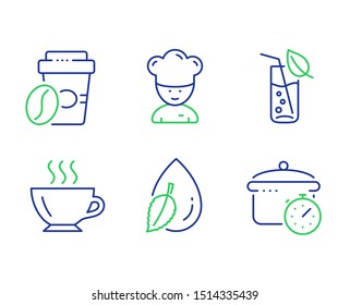 Takeaway coffee, Coffee and Water glass line icons set. Cooking chef, Water drop and Boiling pan signs. Roasted bean, Cappuccino, Soda drink. Sous-chef. Food and drink set. Vector