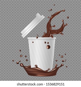 Takeaway coffee. White paper cup, coffee splashes. Vector realistic hot chocolate illustration