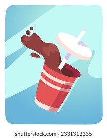 Beba cola en una taza desechable con paja. Bebida refrescante fresca de refresco con pegatina de salpicón. Alimentos rápidos poco saludables refresco líquido difuso, menú café fondo ilustración vectorial plana