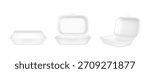 Takeaway container packages 3D vector mock up. Open and close blank white foamed plastic lunch box for hamburger, sandwich or other fast food. Realistic packaging template. Delivery pack. Meal wrapper