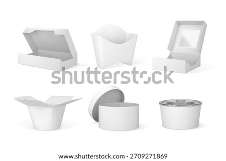 Takeaway containers packages mock up 3D vector set. Craft white paper fast food and pastry, bakery empty boxes, bags, bowl blanks. Disposable takeout packaging template. Delivery pack. Meal wrapper