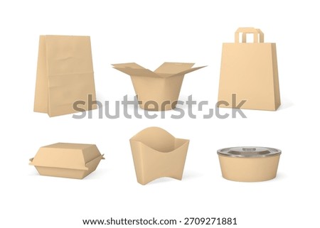 Takeaway containers packages mock up 3D vector set. Craft brown paper fast food empty boxes, bags, bowl, plate blanks. Disposable takeout packaging template. Delivery pack. Meal wrapper