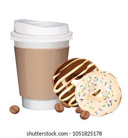 takeaway cup of cofee with donuts
