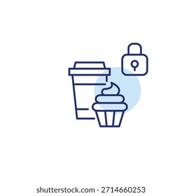 Taza para llevar, cupcake y candado. Programa de fidelización de cafeterías. Icono de Vector de trazo perfecto y editable