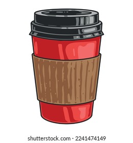 Takeaway cup element colorful detailed container for hot drink of tea or coffee from fast food cafe vector illustration