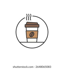 A takeaway cup icon with rising steam, clean lid, and bean-stamped sleeve, captures the essence of grab-and-go brews, warm mornings, and everyday café moments