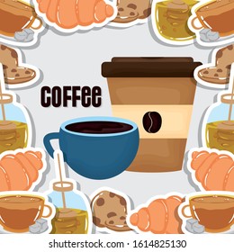 takeaway cup and mug honey bread cookies croissant fresh beverage coffee time vector illustration