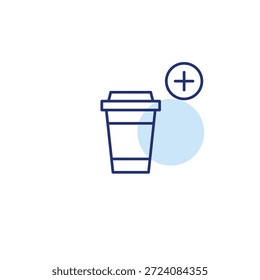 Takeaway cup and plus symbol. Work break, caffeine boost. New positions in the menu. Pixel perfect, editable stroke vector icon