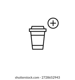 Takeaway cup and plus symbol. Work break, caffeine boost. New positions in the menu. Pixel perfect, editable stroke vector icon