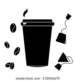 Takeaway cup silhouette with tea bags and coffee grains. Design of cafe services, take-away coffee shops, interior walls, chips, stickers, menu design, monochrome packaging, logo. Vector on white.