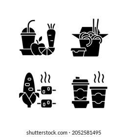 Takeaway and delivery option black glyph icons set on white space. Fresh juice. Chinese food. Boiled, grilled corn. Coffee. Fruit, vegetable smoothies. Silhouette symbols. Vector isolated illustration