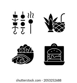 Takeaway And Delivery Option Black Glyph Icons Set On White Space. Shish Kebabs And Meat Pops. Coconut Cocktail. Burrito Bowl. Sandwiches, Burgers. Silhouette Symbols. Vector Isolated Illustration