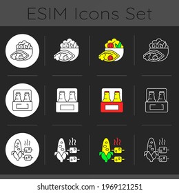 Takeaway and delivery option dark theme icons set. Burrito without tortilla. Beer. Boiled, grilled corn. Alcoholic drink. Linear white, solid glyph and RGB color styles. Isolated vector illustrations